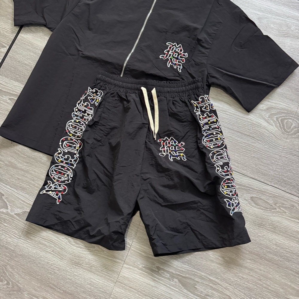 Mixed Emotion Rhinestone Shirt & Shorts Set Black Size L Nylon New - Picture 2 of 5